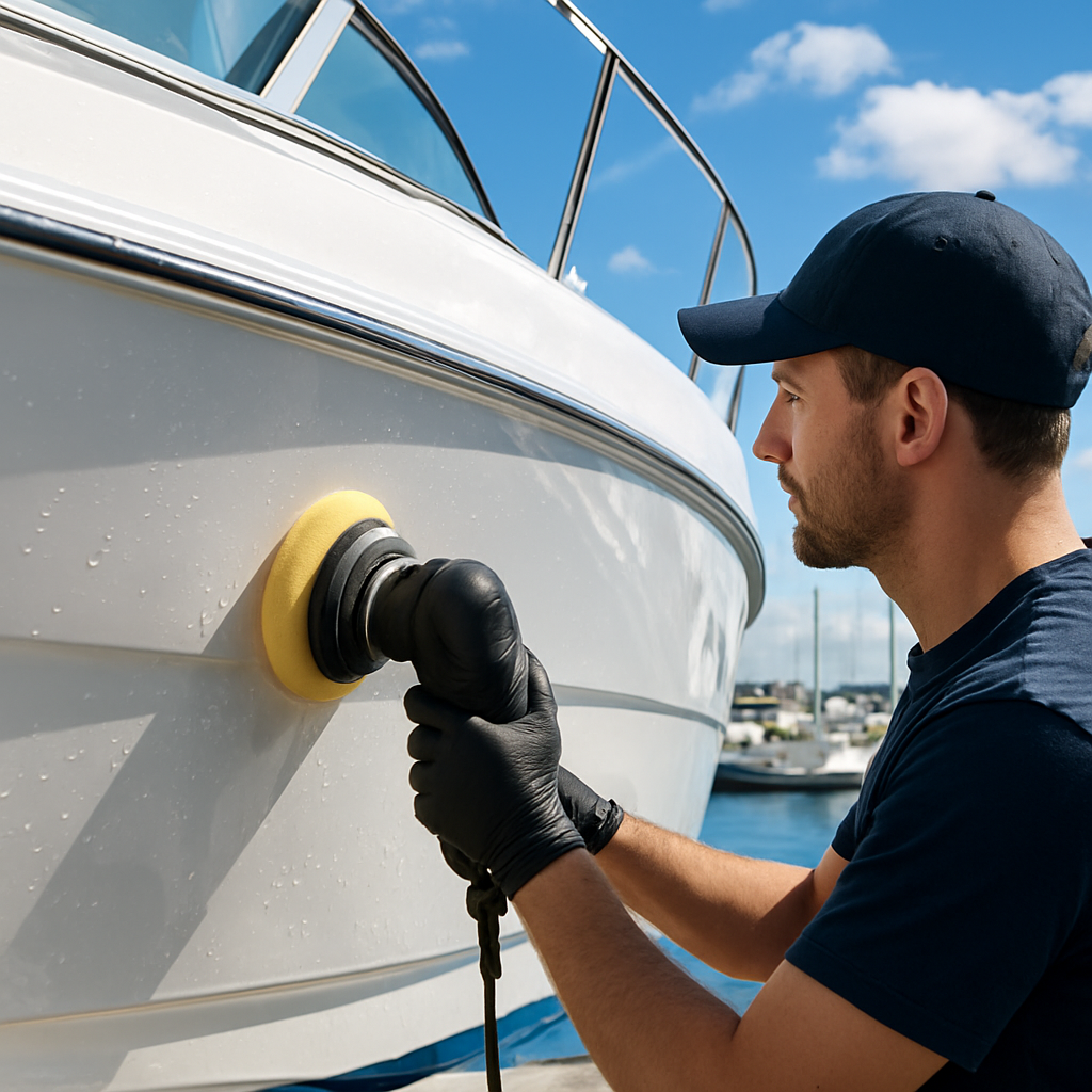 Polishing a glossy white boat hull