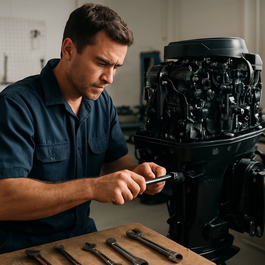 Marine mechanic servicing an outboard boat engine
