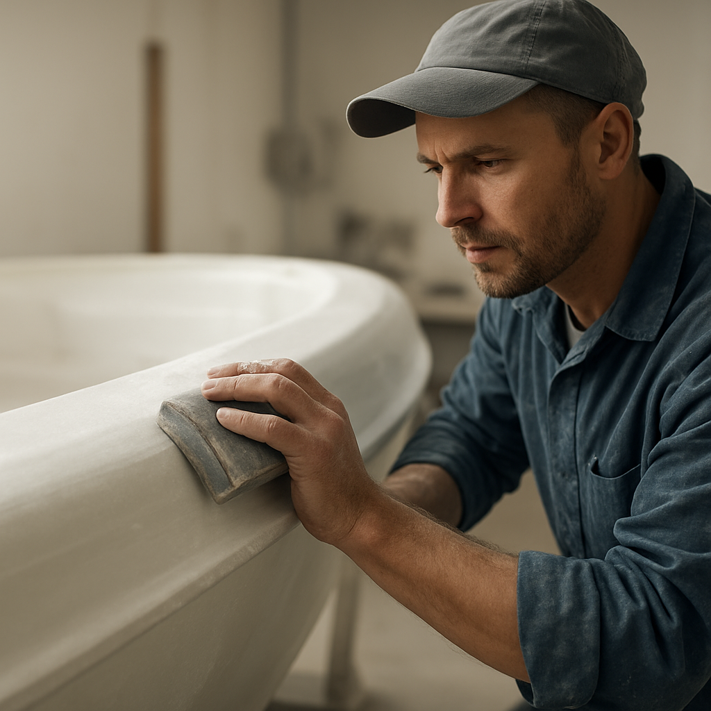 Craftsman shaping a white fiberglass boat hull